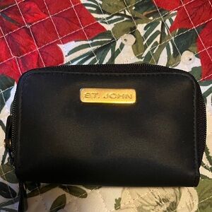 St. John Black Zip Wallet with Gold Accent